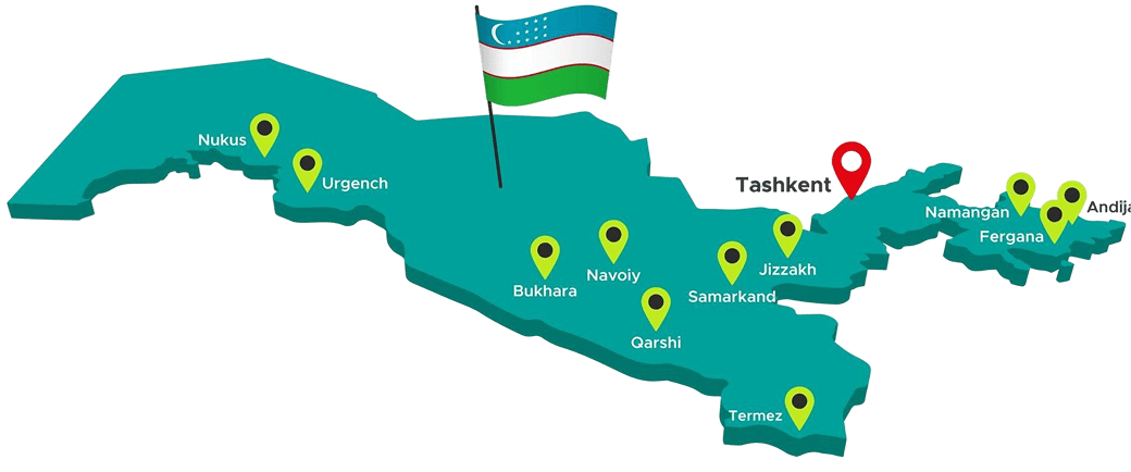Карта Узбекистана с отметками городов (Ташкент, Самарканд, Бухара), показывающая географию работы интегратора amoCRM №1 с опытом 5+ лет и 1000+ успешными внедрениями.